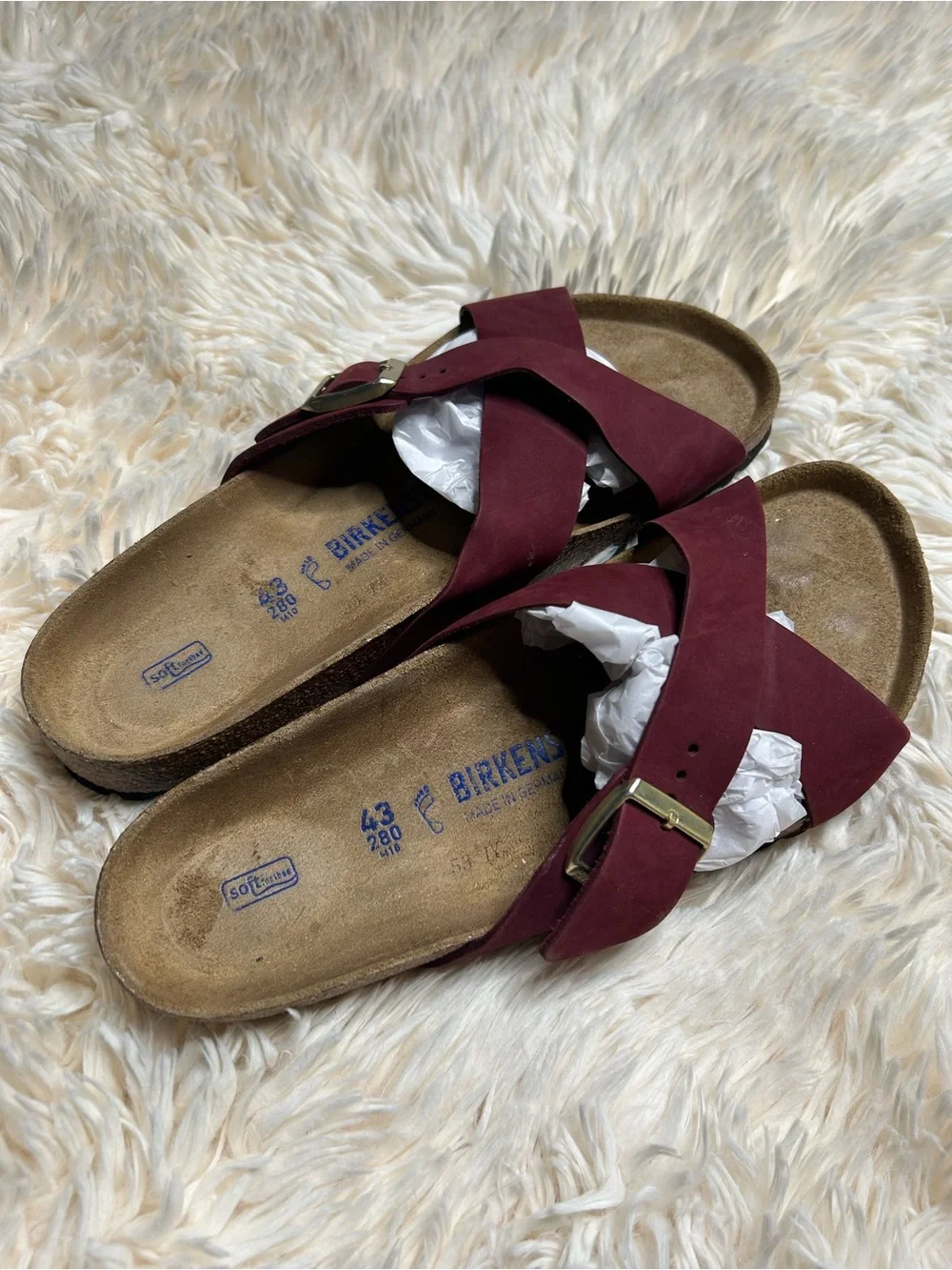 Birkenstock Women’s Burgundy Crossband Suede Footbed Sandals